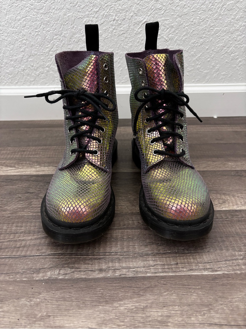 Dr. Martens Iridescent Snake-Print Lace-Up Boots - Black Soles